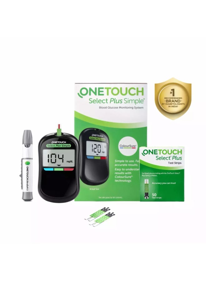 OneTouch Select Plus Simple Bundle glucometer machine with 50 Test Strips + 10 Strips Free | Simple & accurate testing of Blood sugar levels at home, Global Iconic Brand, Includes 10 Sterile Lancets + 1 Lancing device, Black - Image 1