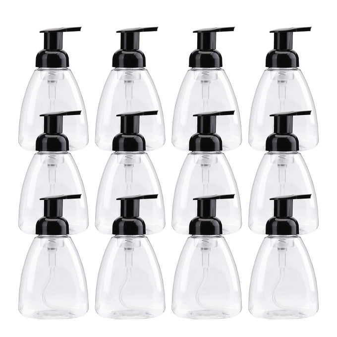 12 PACK FOAMING SOAP DISPENSERS PUMP BOTTLES 10OZ EMPTY FOAM LIQUID HAND SOAP CONTAINERS PLASTIC PRESS BOTTLES FOR KITCHEN AND BATHROOM CLEAR