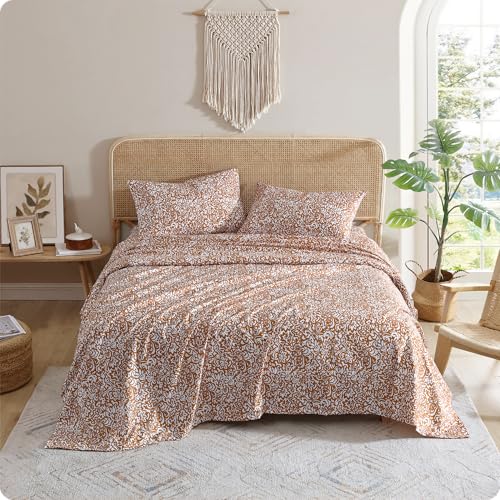 Indigo Ink King Size 4-Piece Sheet Set - Fitted & Flat Sheets & Pillowcases | Boho Pattern | Soft, Breathable, Durable & Wrinkle Resistant | Deep Pocket Sheets | Tufted Medallion Collection Gold - Image 1