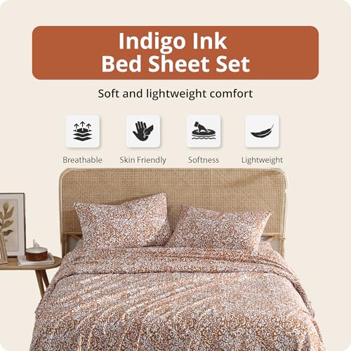 Indigo Ink King Size 4-Piece Sheet Set - Fitted & Flat Sheets & Pillowcases | Boho Pattern | Soft, Breathable, Durable & Wrinkle Resistant | Deep Pocket Sheets | Tufted Medallion Collection Gold - Image 2