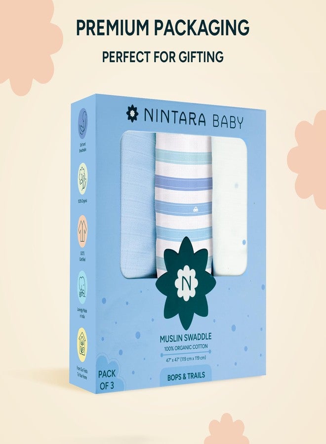 NINTARABABY أغطية تقميط كبيرة جدًا من نينتارابي - قطن موسلين عضوي فاخر 100%، 119 سم × 119 سم، فائقة النعومة، تسمح بمرور الهواء وخفيفة الوزن، مضادة للحساسية، هدية مثالية للمواليد الذكور، عبوة من 3 قطع - Image 5