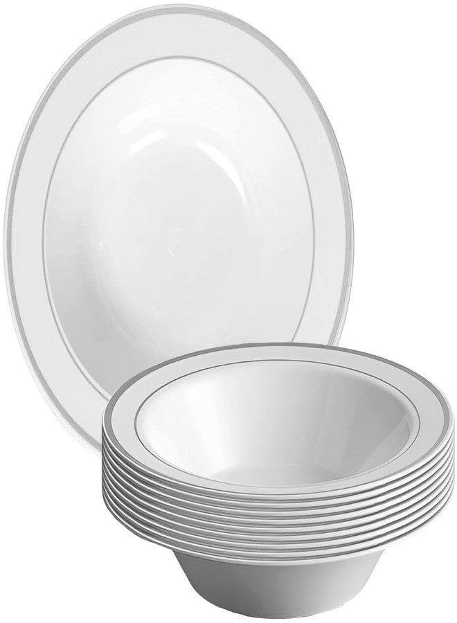 Kaya Elegant White & Silver Rim Disposable Plastic Soup Bowls - 12 oz (Set of 10) - Sturdy & Reusable Dinnerware for Any Occasion - Image 1