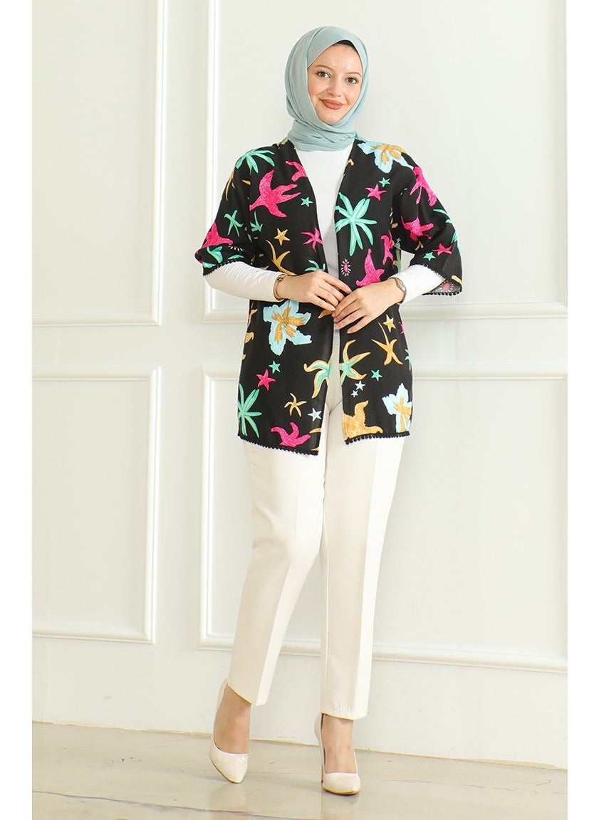Sefa Merve - Patterned Viscose Kimono 83006A-01 Black Fuchsia - Image 1