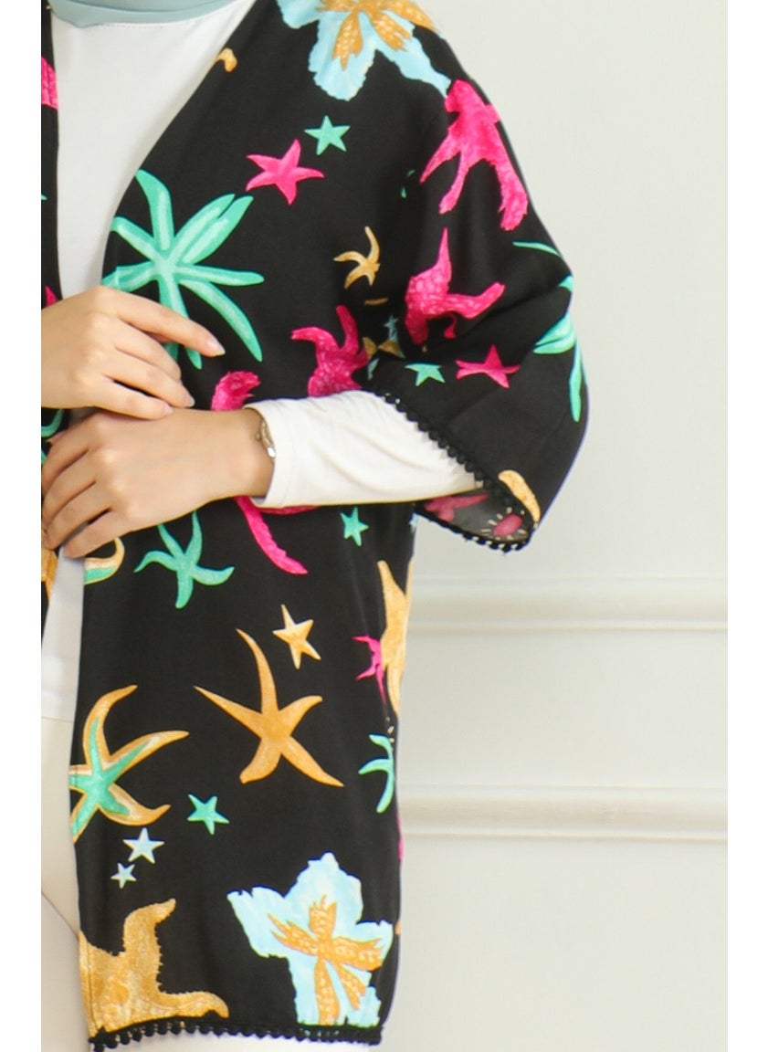 Sefa Merve - Patterned Viscose Kimono 83006A-01 Black Fuchsia - Image 1