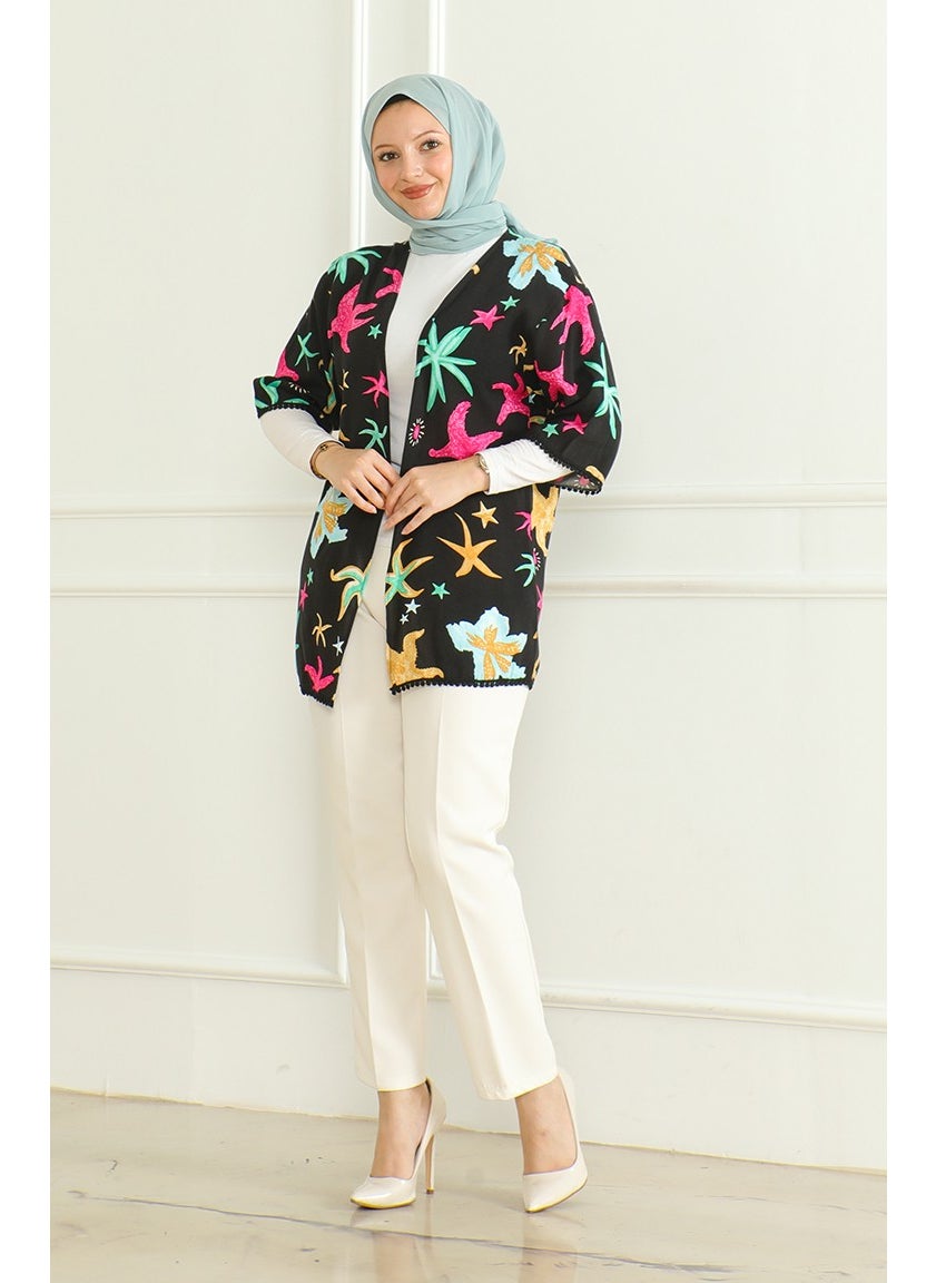 Sefa Merve - Patterned Viscose Kimono 83006A-01 Black Fuchsia - Image 1