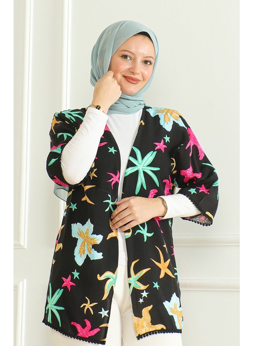 Sefa Merve - Patterned Viscose Kimono 83006A-01 Black Fuchsia - Image 1
