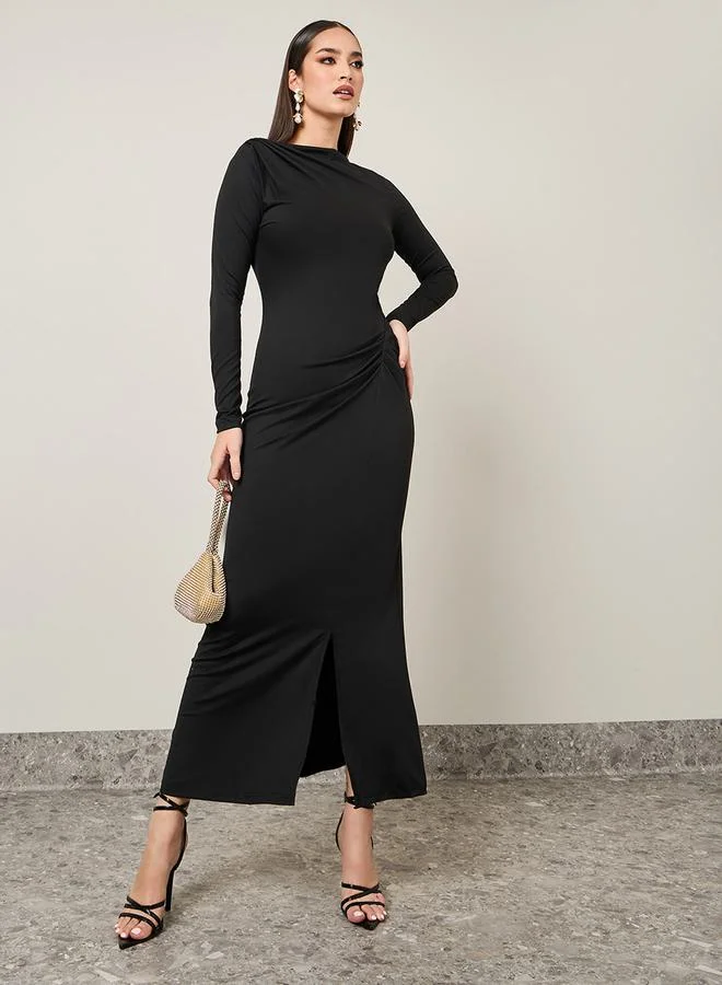 Styli Gathered Front Sheath Midi Dress With Front Split