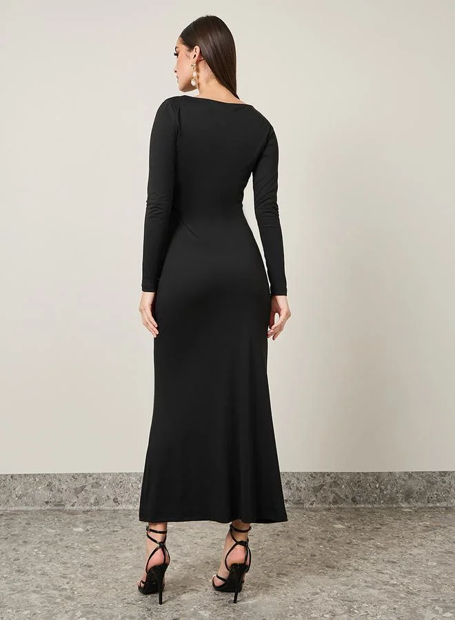 Styli Gathered Front Sheath Midi Dress With Front Split