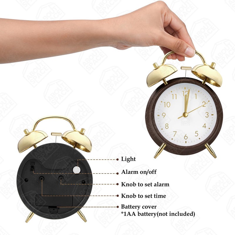 ABOUT SPACE Alarm clock 6 Inch Twin Bell Alarm Clock for Heavy Sleepers Analog Table Clock with Night Light Battery Powered for Home Office Kids Bedroom Brown Battery not Included PVC115 cm - Image 3