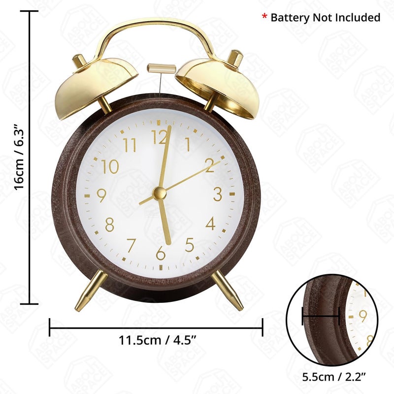ABOUT SPACE Alarm clock 6 Inch Twin Bell Alarm Clock for Heavy Sleepers Analog Table Clock with Night Light Battery Powered for Home Office Kids Bedroom Brown Battery not Included PVC115 cm - Image 2