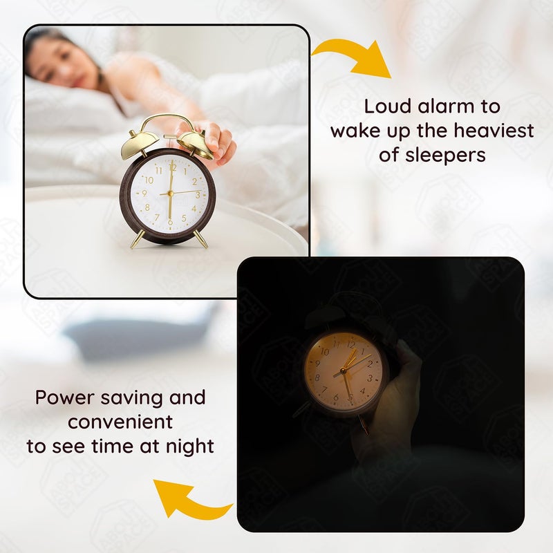 ABOUT SPACE Alarm clock 6 Inch Twin Bell Alarm Clock for Heavy Sleepers Analog Table Clock with Night Light Battery Powered for Home Office Kids Bedroom Brown Battery not Included PVC115 cm - Image 5