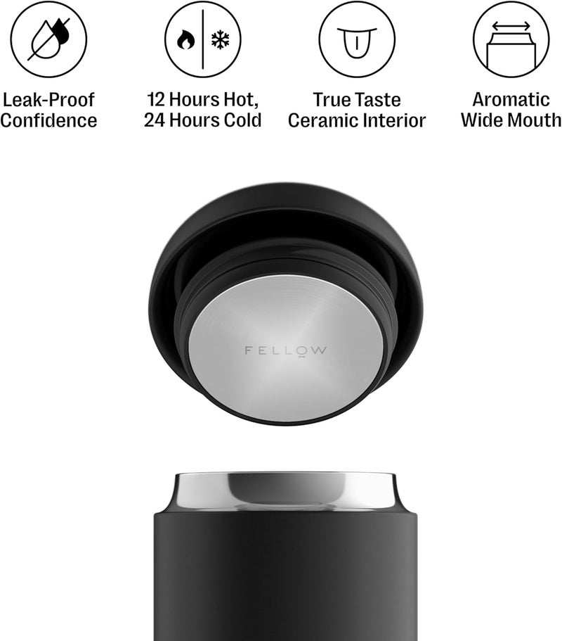 FELLOW Carter Everywhere Mug, Vacuum Insulated w/True Taste Ceramic Coating, Matte Black 12oz - Image 2