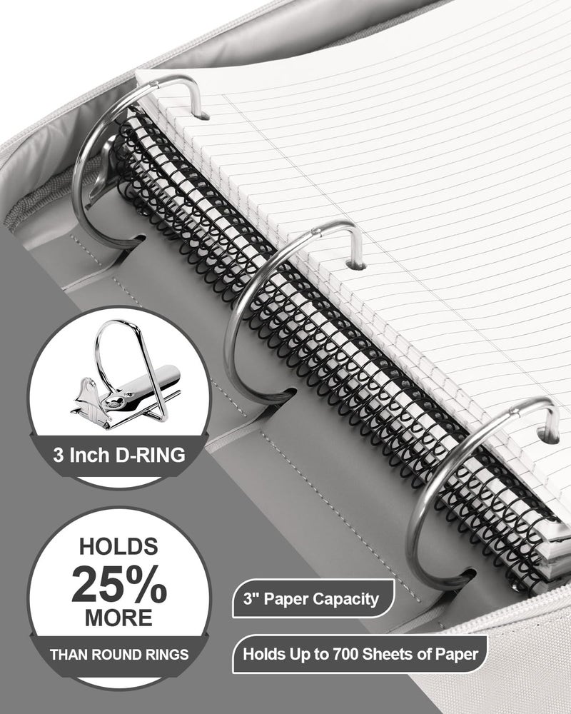 HINOOR 3-Inch 3-Ring Zipper Binder with Shoulder Strap, D-Ring Zip Up Binder with 700 Sheets Capacity, Compatible with 13" MacBook, 12.9" Tablet, for Middle School, College, Office (Gray) - Image 2