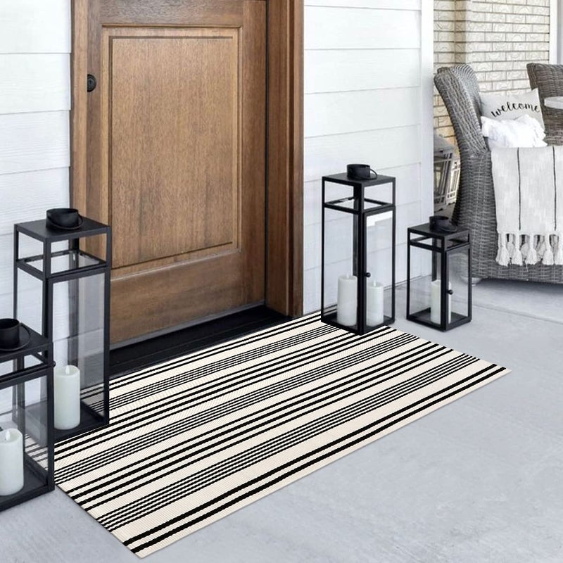 Black and White Striped Outdoor Rug 2 x 43 Cotton HandWoven Reversible Front Porch Rug Washable Front Door Mat Entryway Rugs Welcome Layered Doormat Carpet for Patio Farmhouse Kitchen