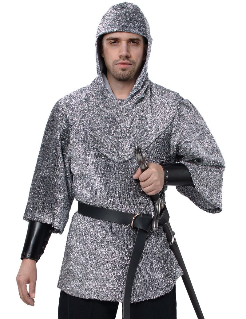 Irtysh Renaissance Faux Chain Mail Armor Tunic Shirt Coif Medieval Knight Cowl Crusader Costume Outfit Bracers Waist Belt Set(L) Silver Gray - Image 2