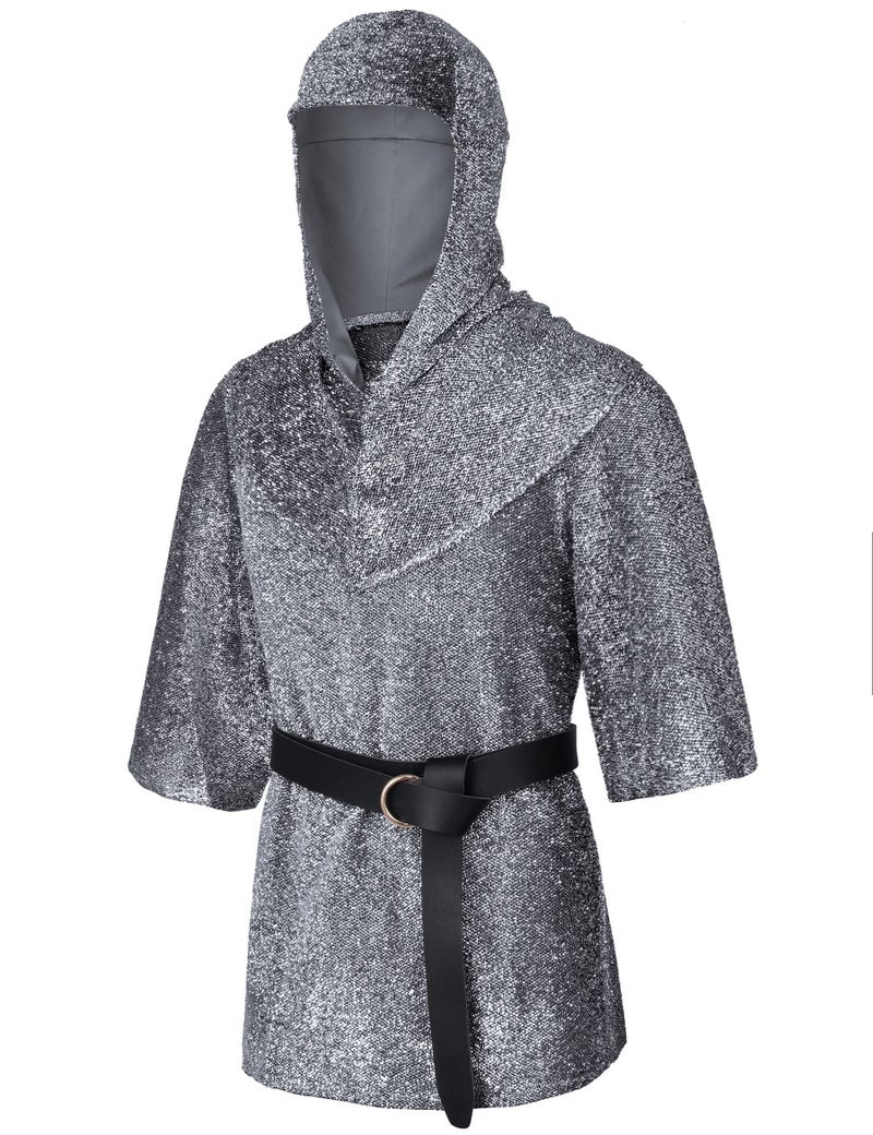 Irtysh Renaissance Faux Chain Mail Armor Tunic Shirt Coif Medieval Knight Cowl Crusader Costume Outfit Bracers Waist Belt Set(L) Silver Gray - Image 3