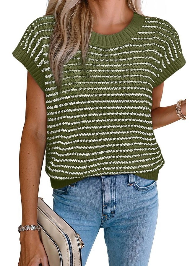 EVALESS Women's Sweater Vest Striped Pullover Tank Top Round Neck Cap Sleeve Lightweight 2025 Summer Casual Clothes, Moss Green Stripe, S - Image 1