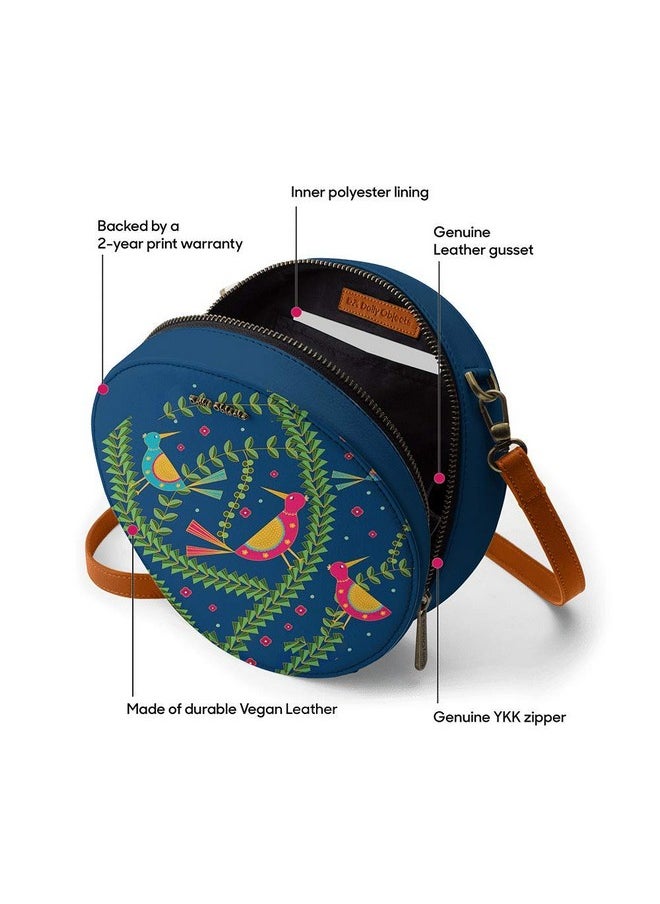 DailyObjects DailyObjects Printed Orbis Round Sling Crossbody Bag For Women| Stylish Teal Birds Print Vegan Leather Purse With Slip Pocket Inside| Zip Closure & Adjustable Strap| Storage Space For Essentials  - Image 4