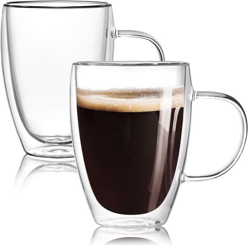 Wells 12 Oz Double Walled Glass Coffee Mugs with Handle, Insulated Layer Coffee Cups, Clear Borosilicate Glass Mugs - Gift for Cappuccino,Tea,Latte,Espresso,Hot Beverage,Cold Drinks, Set of 2 - Image 1