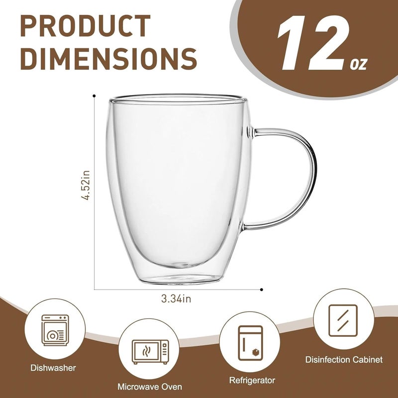 Wells 12 Oz Double Walled Glass Coffee Mugs with Handle, Insulated Layer Coffee Cups, Clear Borosilicate Glass Mugs - Gift for Cappuccino,Tea,Latte,Espresso,Hot Beverage,Cold Drinks, Set of 2 - Image 2