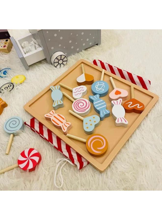 Simulation Play House Kitchen Toy Selling Trolley Candy Set Wooden Children's Popcorn Toy Wooden Kitchenware-Color:CICU Cash Register-Xiang Er - Image 3