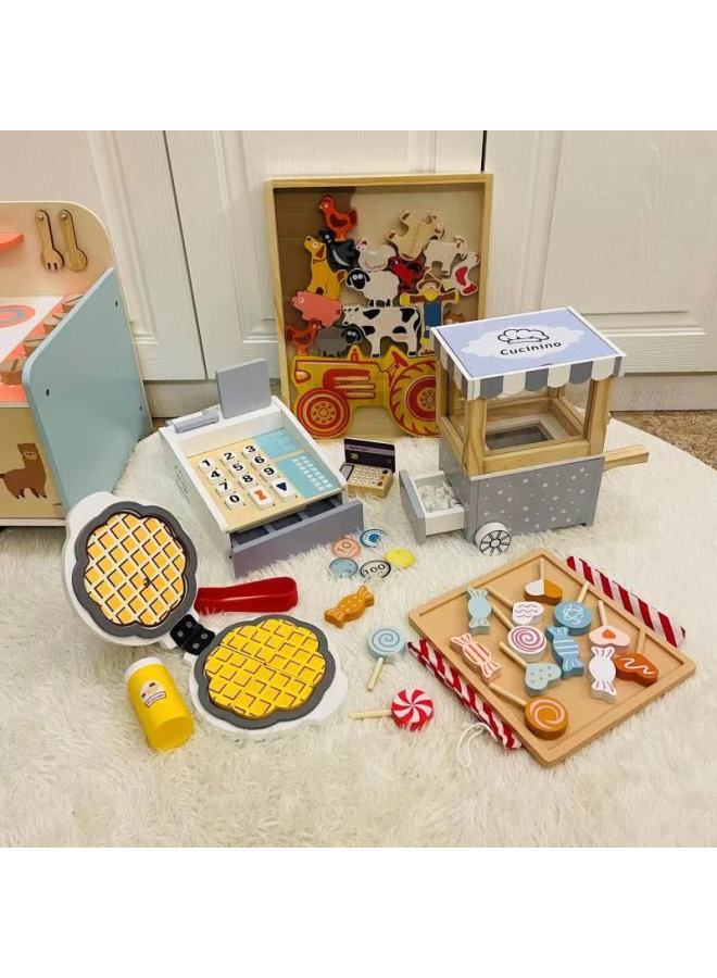 Simulation Play House Kitchen Toy Selling Trolley Candy Set Wooden Children's Popcorn Toy Wooden Kitchenware-Color:CICU Cash Register-Xiang Er - Image 2