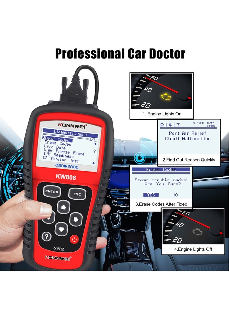 Auto OBDII Code Reader 2.8"Large Screen OBD2 Scanner with Full Diagnostic Scan Tool Functions Check Car Engine Light Fault Code Analyzer for All 1996 and Newer Cars with OBD II Protocol