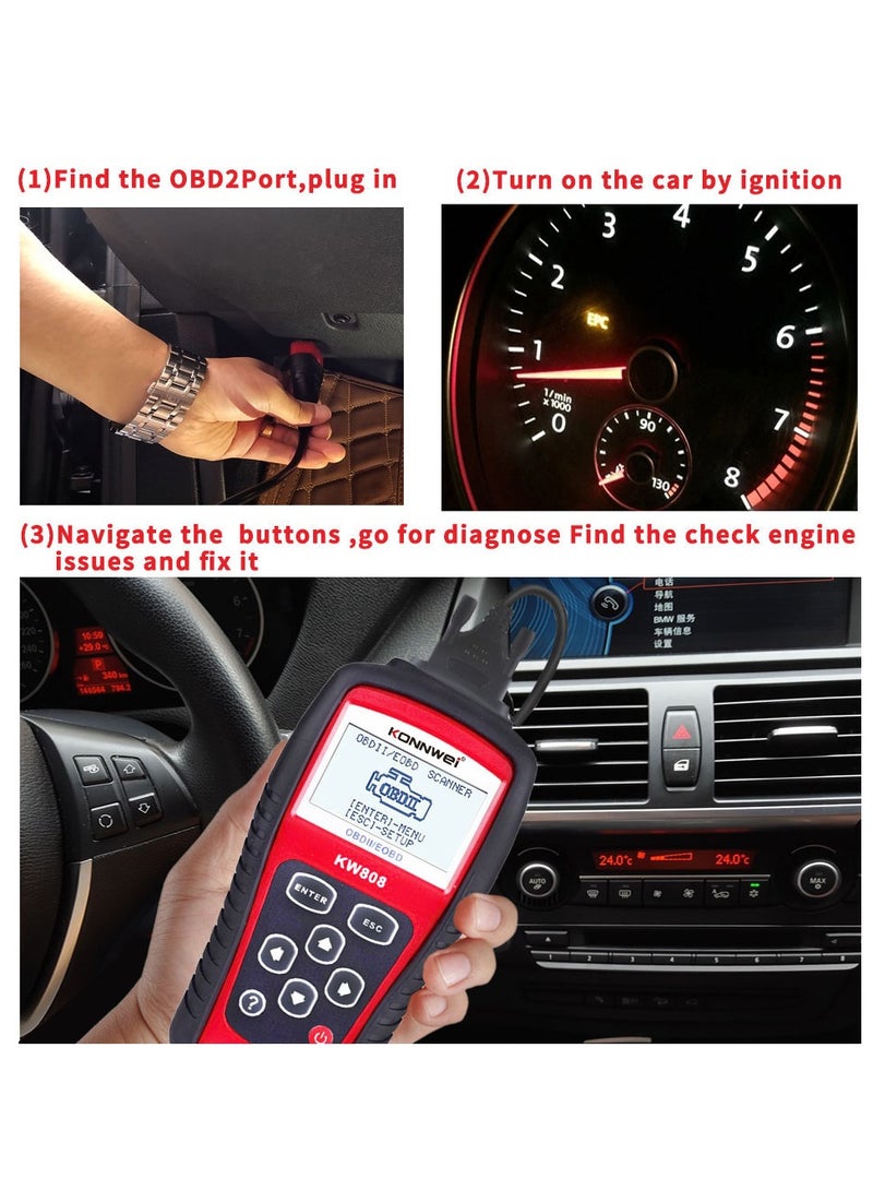 Auto OBDII Code Reader 2.8"Large Screen OBD2 Scanner with Full Diagnostic Scan Tool Functions Check Car Engine Light Fault Code Analyzer for All 1996 and Newer Cars with OBD II Protocol