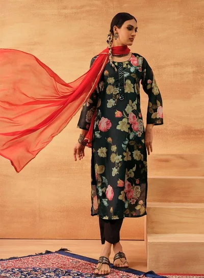 ISHIN Women's Black Chinon Printed Tunic Top With Ankle Palazzo Straight 3 Peice Kurta Set