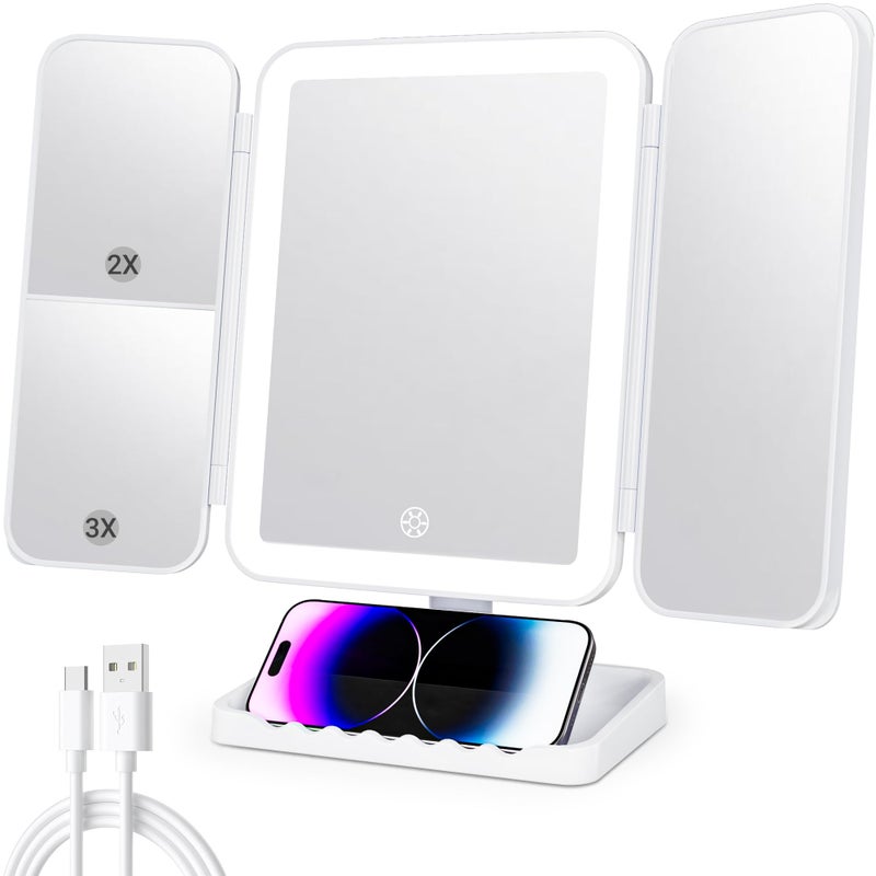 Dailycuddles Makeup Mirror Vanity Mirror With Lights  3 Color Lighting Modes  1X/2X/3X Magnification  Tri-Fold  360 Rotation  Phone Holder For Makeup  2000Mah Rechargeable  Bedroom  Bathroom  (White) - Image 1