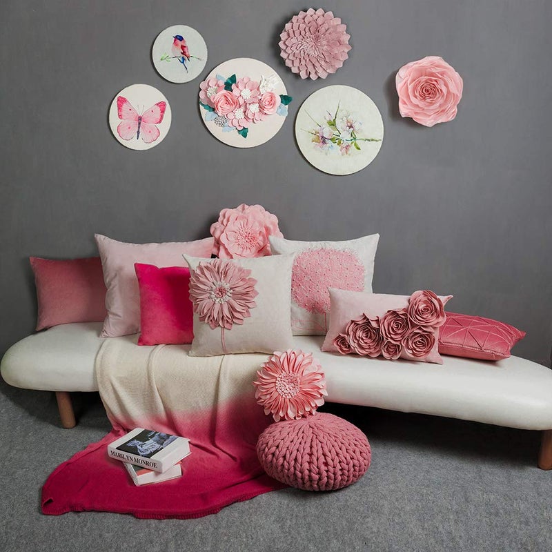 JWH 3D Sunflower Throw Pillow Cover Decorative Flower Accent Pillow Case Round Cushion Handmade Floral Pillowcase for Couch Bed Bedroom Home with Insert 14 Inch Pink - Image 5