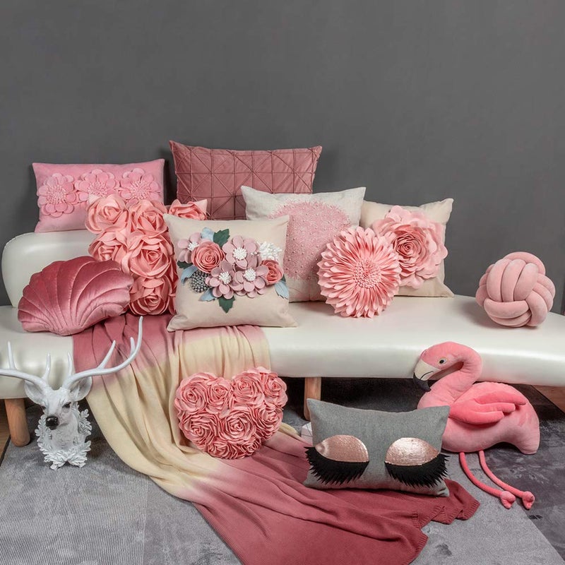 JWH 3D Sunflower Throw Pillow Cover Decorative Flower Accent Pillow Case Round Cushion Handmade Floral Pillowcase for Couch Bed Bedroom Home with Insert 14 Inch Pink - Image 2