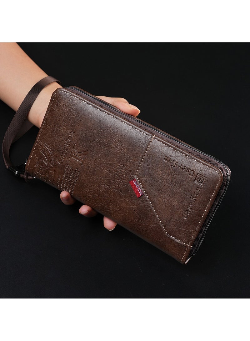CarrKen Men's Long Retro Horizontal Comfort Wallet, Driver's Document Holder, Large Capacity, Multiple Card Slots, Zippered Document Holder, Multifunctional Coin Purse, Brown - Image 1