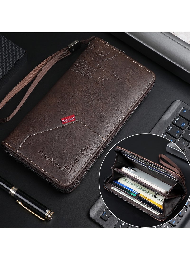 CarrKen Men's Long Retro Horizontal Comfort Wallet, Driver's Document Holder, Large Capacity, Multiple Card Slots, Zippered Document Holder, Multifunctional Coin Purse, Brown - Image 2
