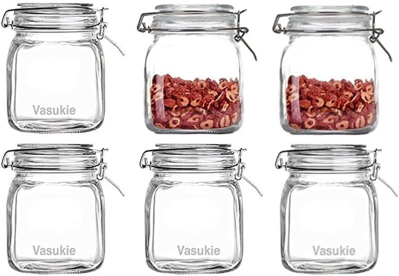 Vasukie برطمانات زجاجية من فاسوكي بأغطية محكمة الإغلاق، برطمانات تخزين واسعة الفم، برطمانات تخزين للمطبخ بغطاء قفل، برطمانات تعليب لتخزين الأطعمة الجافة مثل المعكرونة والتوابل والفاصوليا والدقيق (6 قطع) - Image 1
