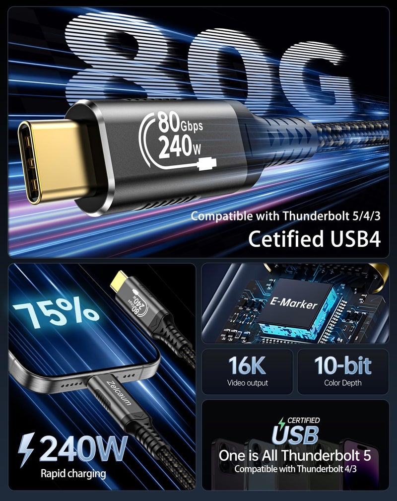 Zelcaum USB C Thunderbolt 5 Cable 120Gbps Bandwidth, 80Gbps Date, 16K 8K 4K Video Sync Display, 240W Fast Charging, Fully Compatible with Thunderbolt 4/3, Type USB-C, USB4 / Gen4 Devices, 3FT - Image 2