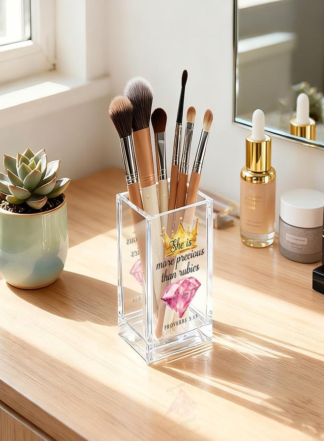QYUVK She Is More Precious Than Rubies Acrylic Cosmetic Holder, Crown Clear Makeup Brush Holder, Ideal for Bathroom Jewelry Accessories Holding, Christian Bible Verses Gifts for Women Girlfriend Her - Image 5