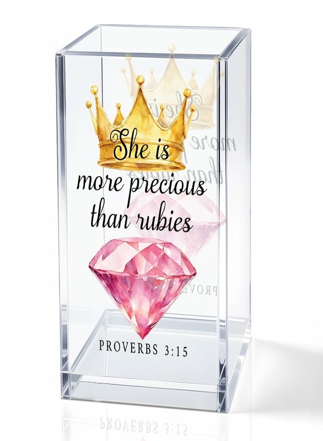 QYUVK She Is More Precious Than Rubies Acrylic Cosmetic Holder, Crown Clear Makeup Brush Holder, Ideal for Bathroom Jewelry Accessories Holding, Christian Bible Verses Gifts for Women Girlfriend Her - Image 1