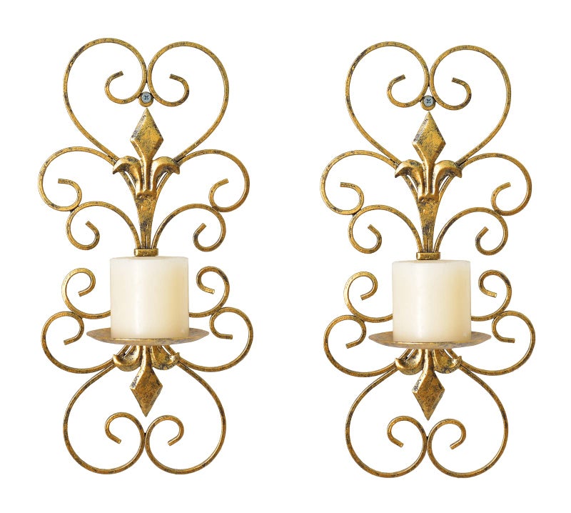 JUCONSIN Set of 2 Wall Sconces Candle Holders Metal Wall Decoration Hanging Wall Mounted Candle Sconces for Home Decor Bedroom Dining Room Antique Gold