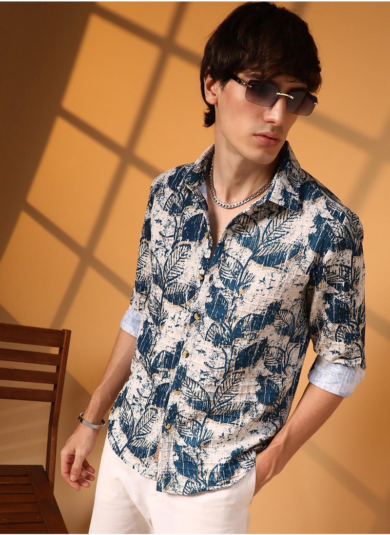 Campus Sutra Campus Sutra Men's Ivory White & Indigo Blue Foliage-Waffle Shirt For Casual Wear | Spread Collar | Long Sleeve | Button Closure | Shirt Crafted With Comfort Fit For Everyday Wear  - Image 1
