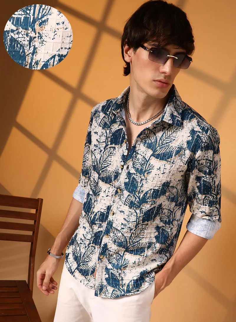 Campus Sutra Campus Sutra Men's Ivory White & Indigo Blue Foliage-Waffle Shirt For Casual Wear | Spread Collar | Long Sleeve | Button Closure | Shirt Crafted With Comfort Fit For Everyday Wear