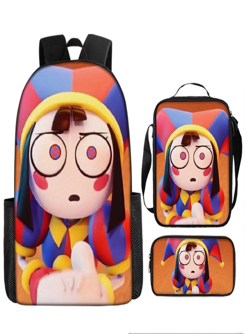 THE AMAZING DIGITAL CIRCUS Children Backpack Schoolbag Teen Student School Book bag with Lunch Box Pen Case 3 in 1 for Kids