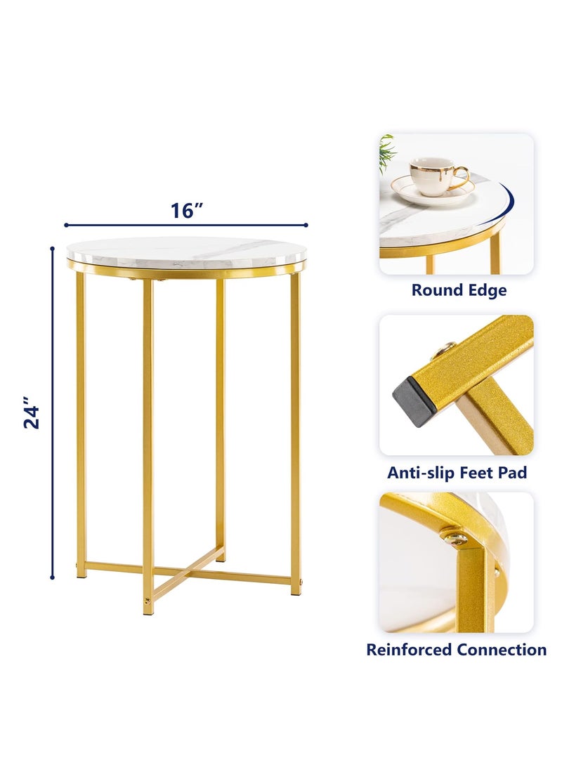TECHMILLY TECHMILLY Round End Table Faux Marble Sofa Table Accent Side Table with Metal Frame Modern Gold Nightstand Tall Coffee Table for Living Room Bedroom  - Image 3