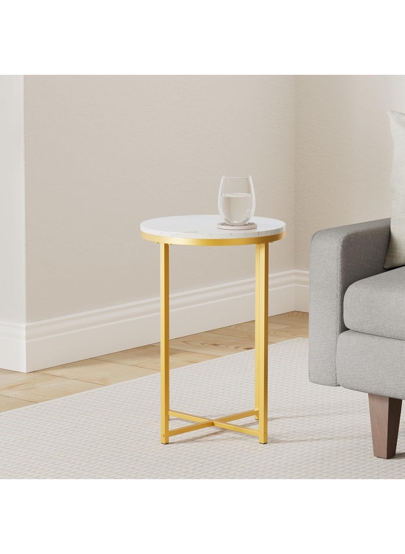 TECHMILLY TECHMILLY Round End Table Faux Marble Sofa Table Accent Side Table with Metal Frame Modern Gold Nightstand Tall Coffee Table for Living Room Bedroom  - Image 2