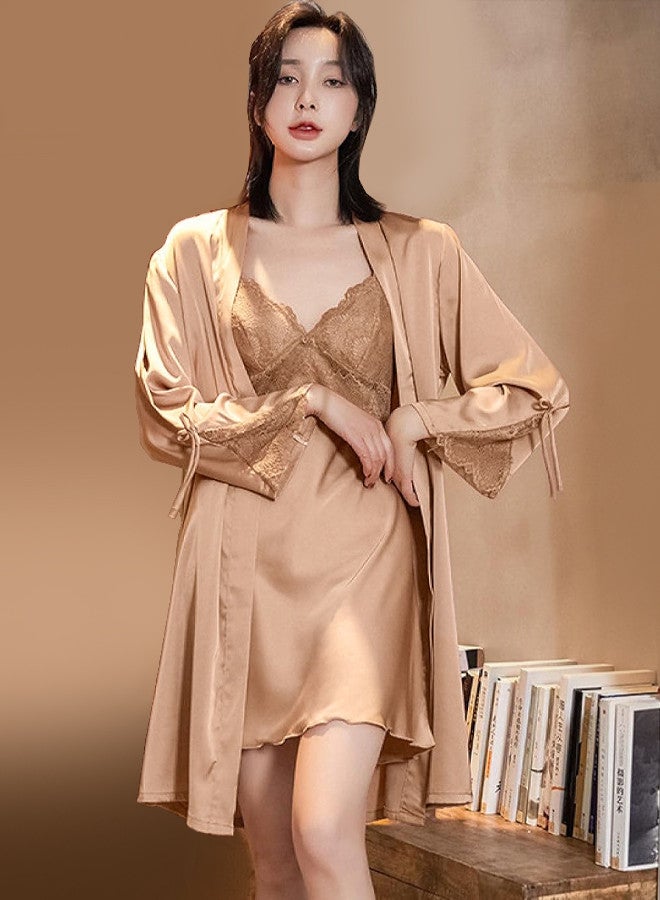 MARGOUN Summer Ice Silk Large Women Pajamas Lace Trim Robe Set Home Service Suit Casual Sleepwear Nightwear Gold - Image 1