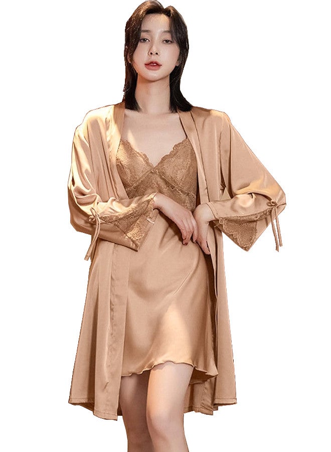 MARGOUN Summer Ice Silk Large Women Pajamas Lace Trim Robe Set Home Service Suit Casual Sleepwear Nightwear Gold - Image 4