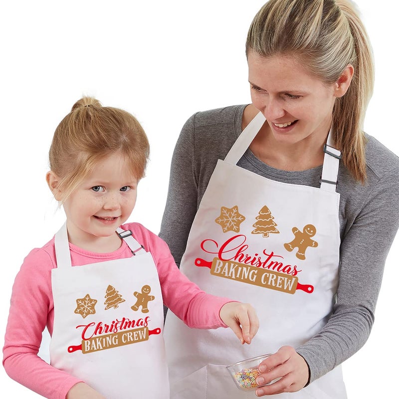 Saukore 2 Pack Christmas Matching Aprons for Kids and Adults  Christmas Baking Crew  White Kitchen Aprons with 2 Pockets for Cooking Baking Cute Custom Aprons Gift for Family
