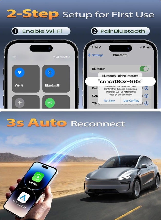 PTGTO Mini Wireless CarPlay Adapter for iPhone & Android Auto (2025 Upgrade), No Delay, Fast & Stable Connection, Plug & Play, Converts Wired to Wireless Carplay Dongle for 2016+ Cars, USB-A/Type-C Port - Image 4