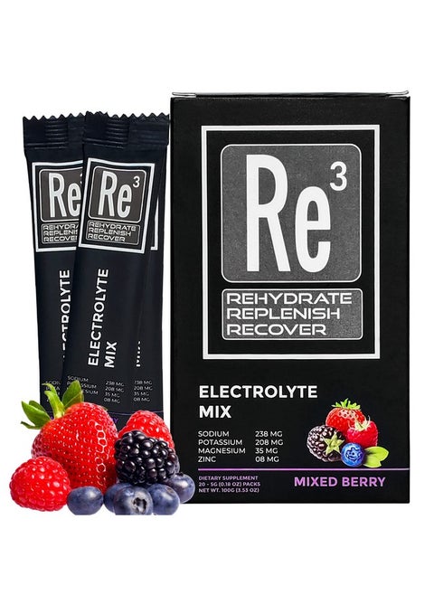 Re3 - Rehydrate - Replenish - Recover Electrolyte Powder Packets. No Sugar, 7 Cal, 1.4 Carbs. The Best Mix Of Vitamins And Minerals (Mixed Berry)