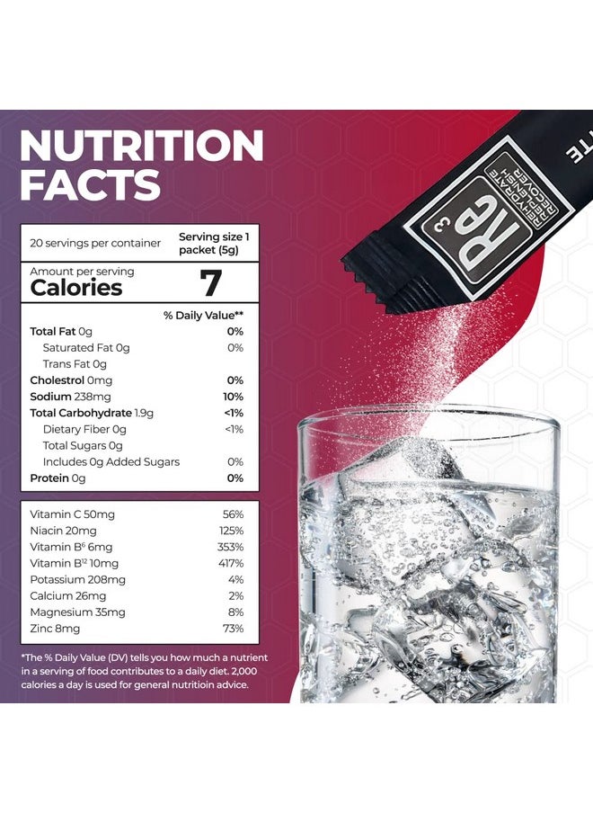 Health & Household - Re3 - Rehydrate - Replenish - Recover Electrolyte Powder Packets. No Sugar, 7 Cal, 1.4 Carbs. The Best Mix Of Vitamins And Minerals (Mixed Berry) - Image 1